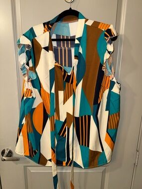 SHEIN Teal, Orange & Brown Geometric Tie-Front Ruffle Sleeve Blouse - 3XL